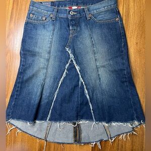 Lucky Brand denim “rosey skirt”, Y2K vintage style, distressed EUC
